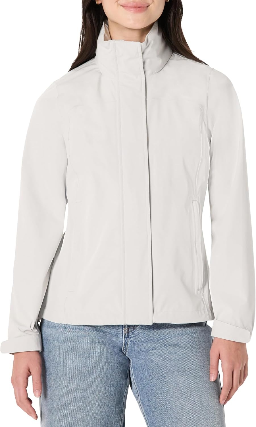 image:imageAmazon Essentials Womens RegularFit Lightweight Waterproof Long Hooded Rain JacketEggshell White