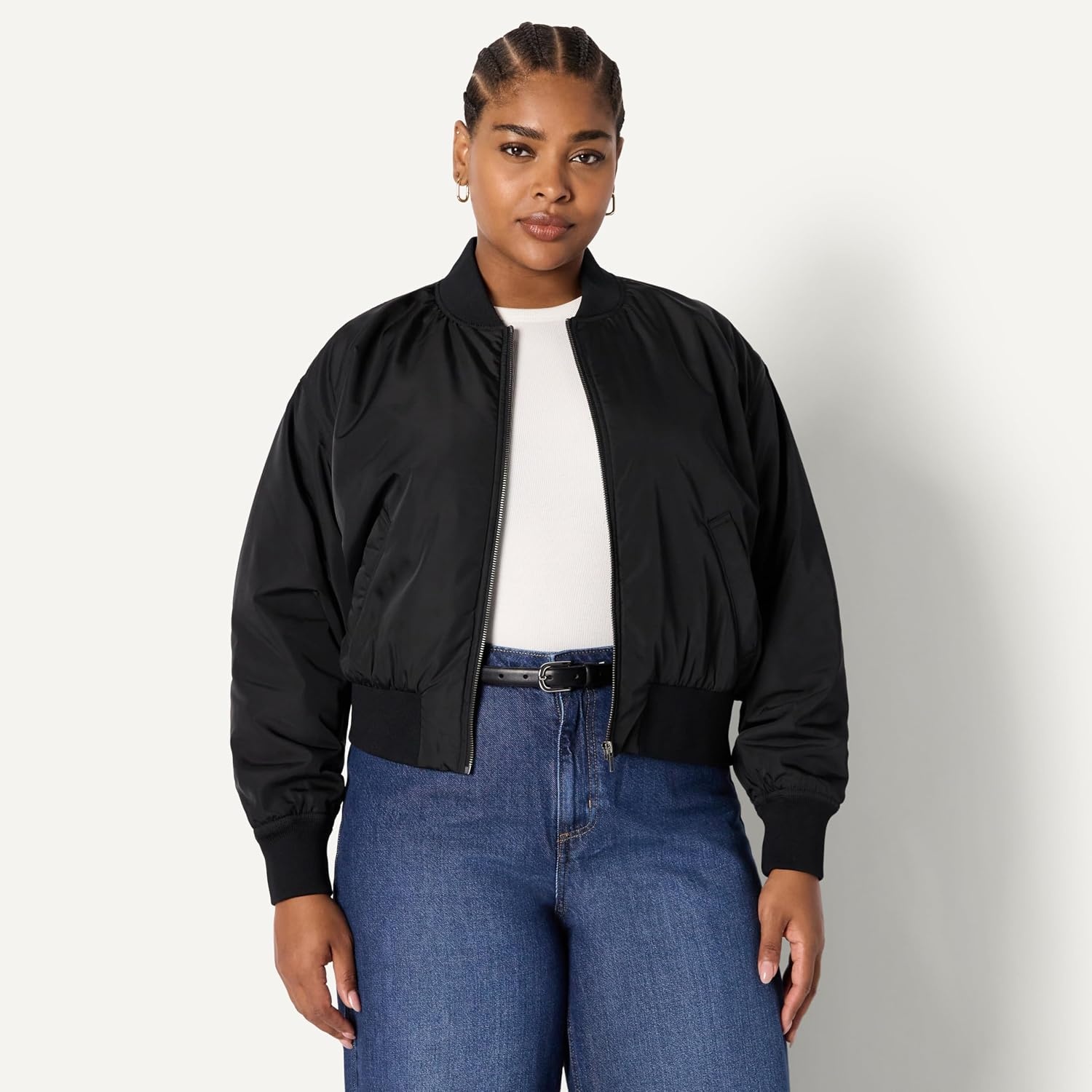image:imageAmazon Essentials Womens RelaxedFit Denim Bomber JacketBlack