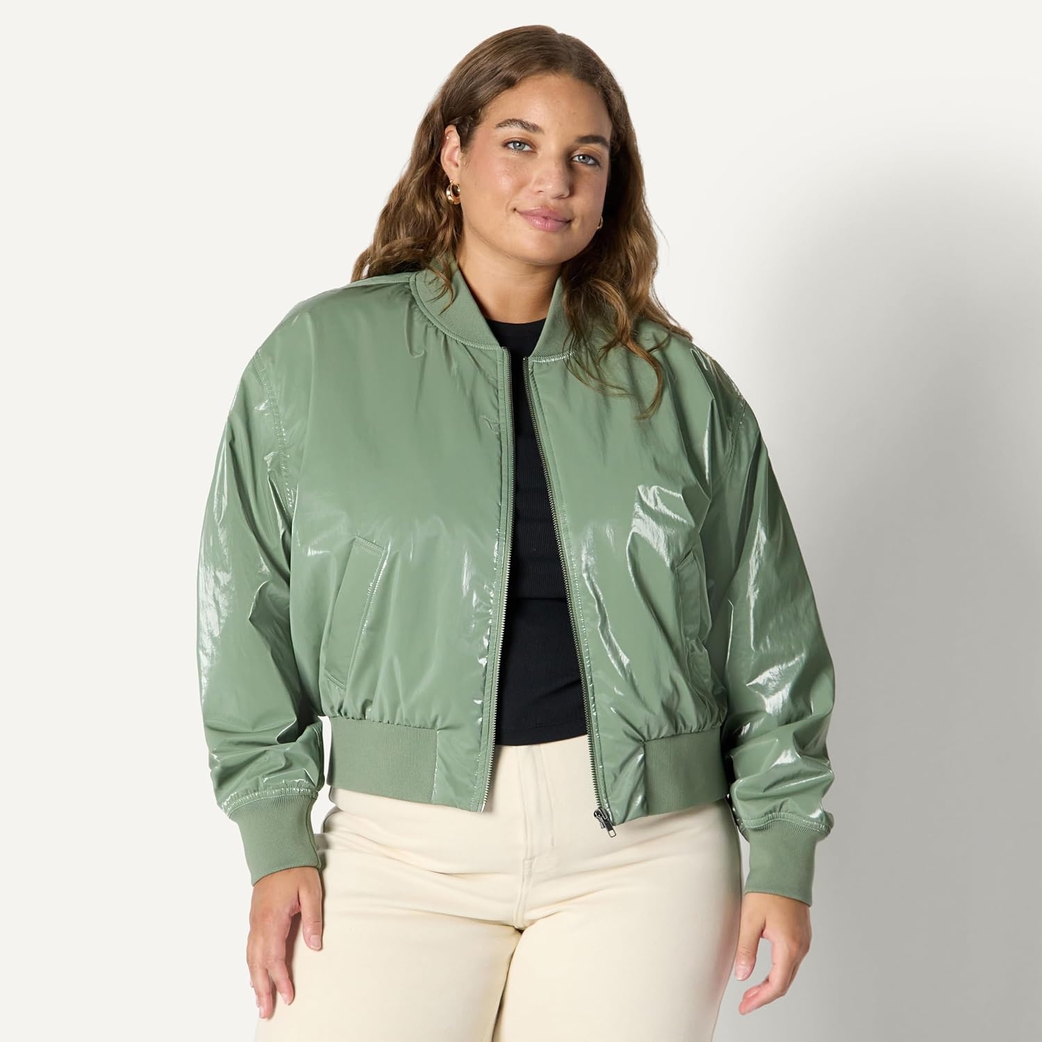 image:imageAmazon Essentials Womens RelaxedFit Denim Bomber JacketDark Sage Green