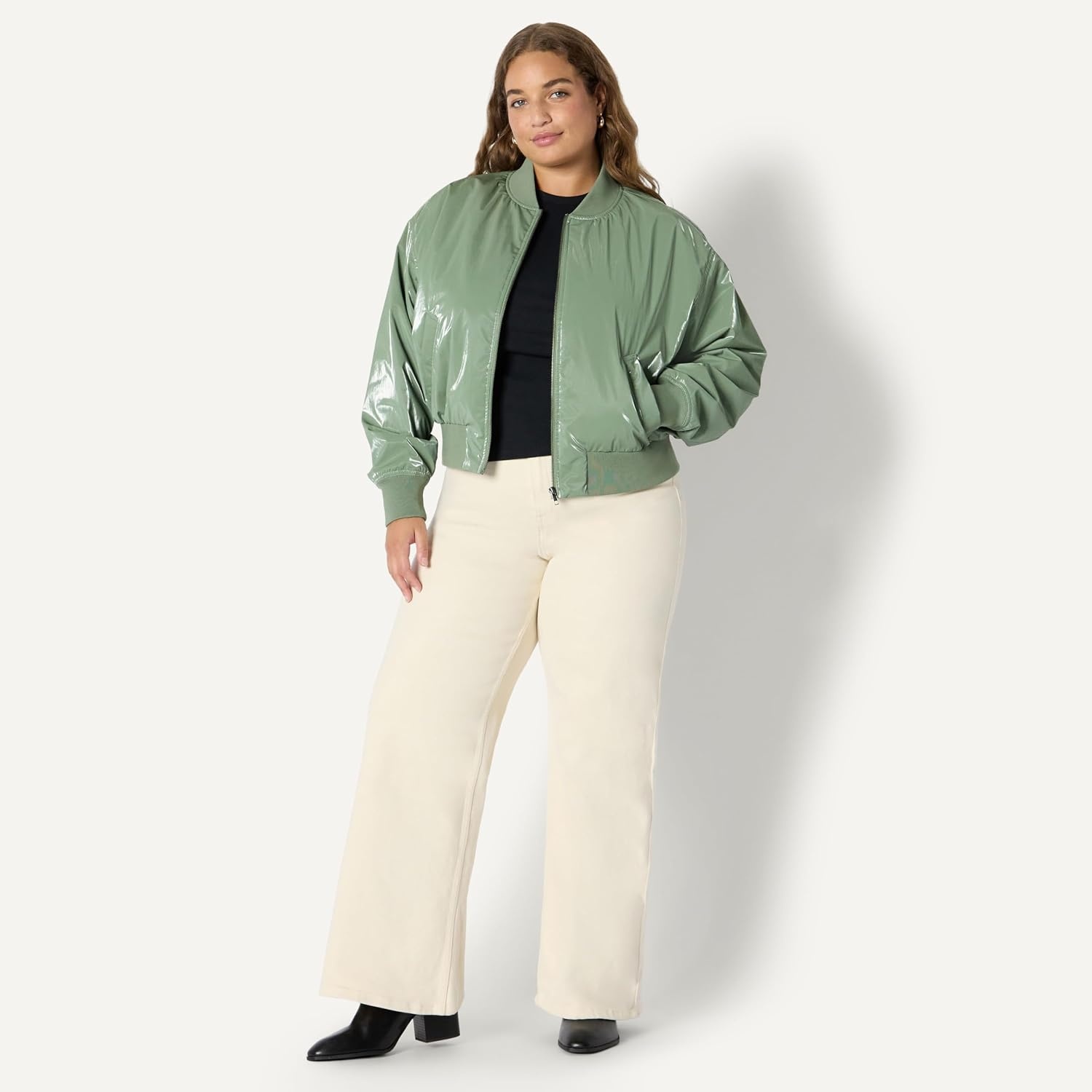 image:imageAmazon Essentials Womens RelaxedFit Denim Bomber JacketDark Sage Green