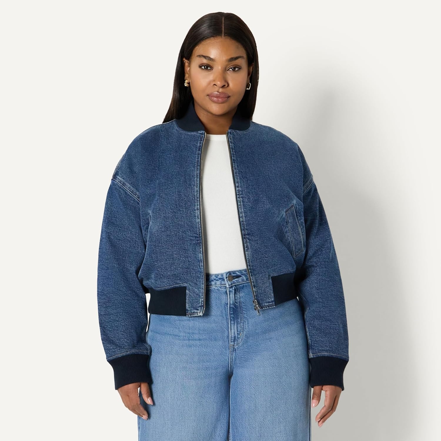 image:imageAmazon Essentials Womens RelaxedFit Denim Bomber JacketMedium Blue Vintage