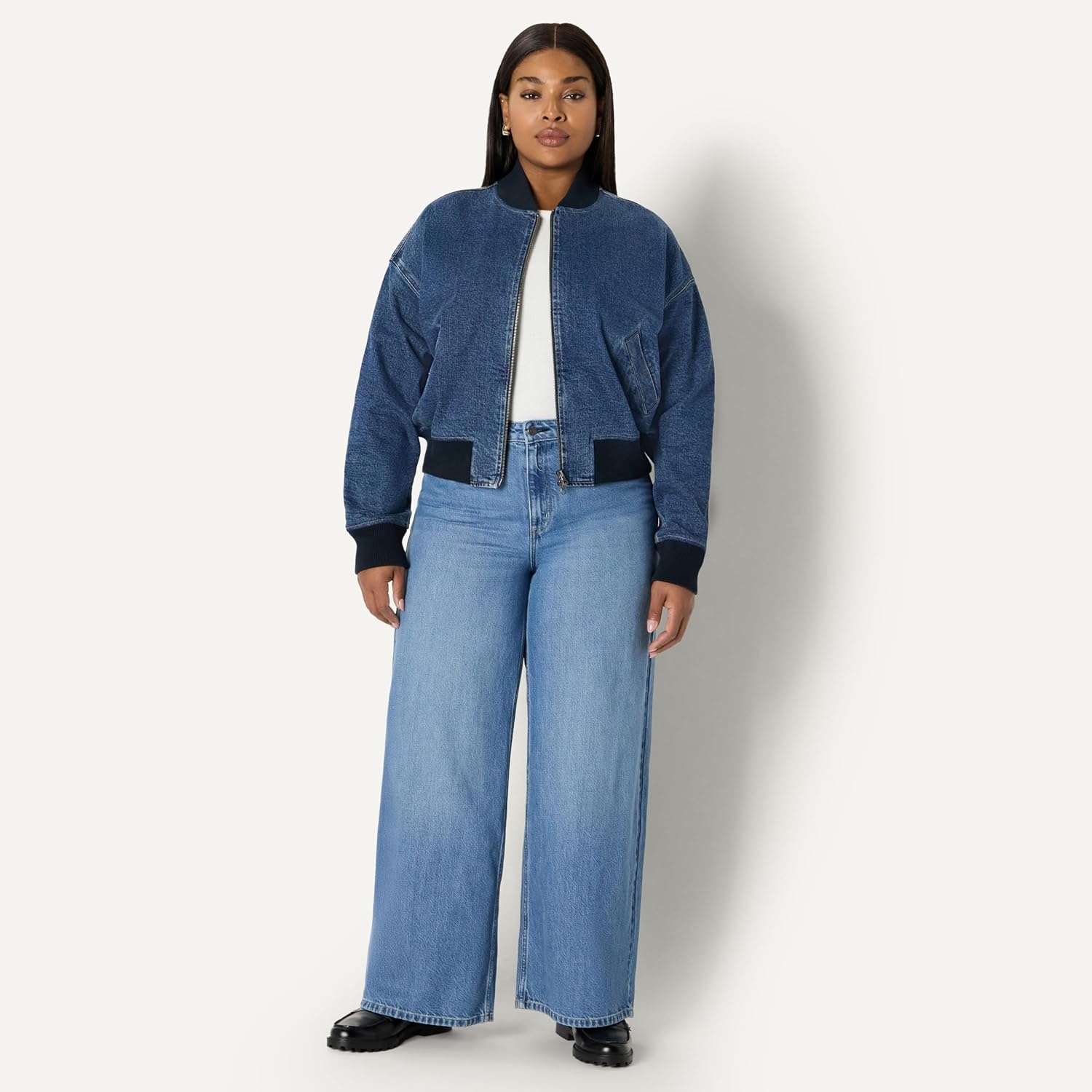 image:imageAmazon Essentials Womens RelaxedFit Denim Bomber JacketMedium Blue Vintage