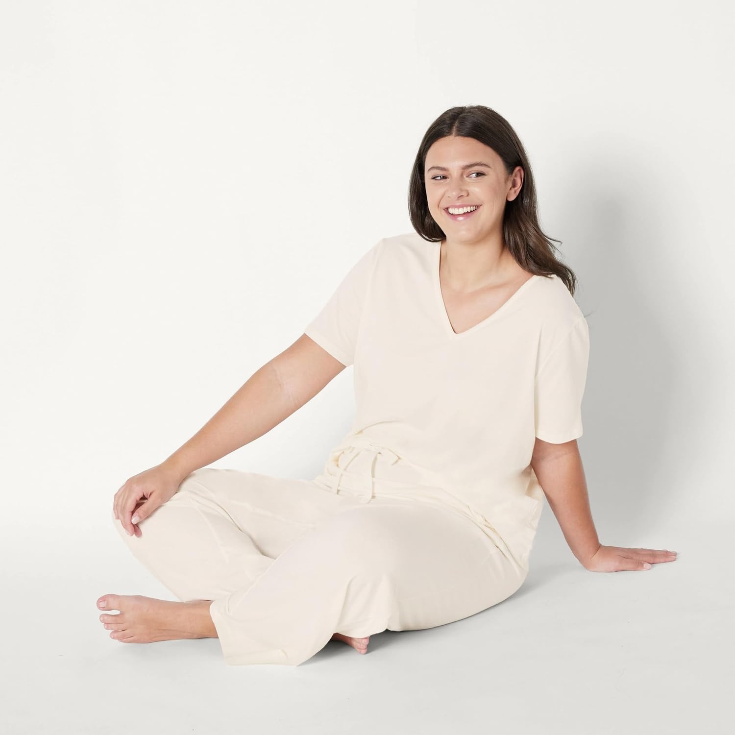 image:imageAmazon Essentials Womens Soft Cotton Modal Short Sleeve TShirt and Pant Pajama SetIvory