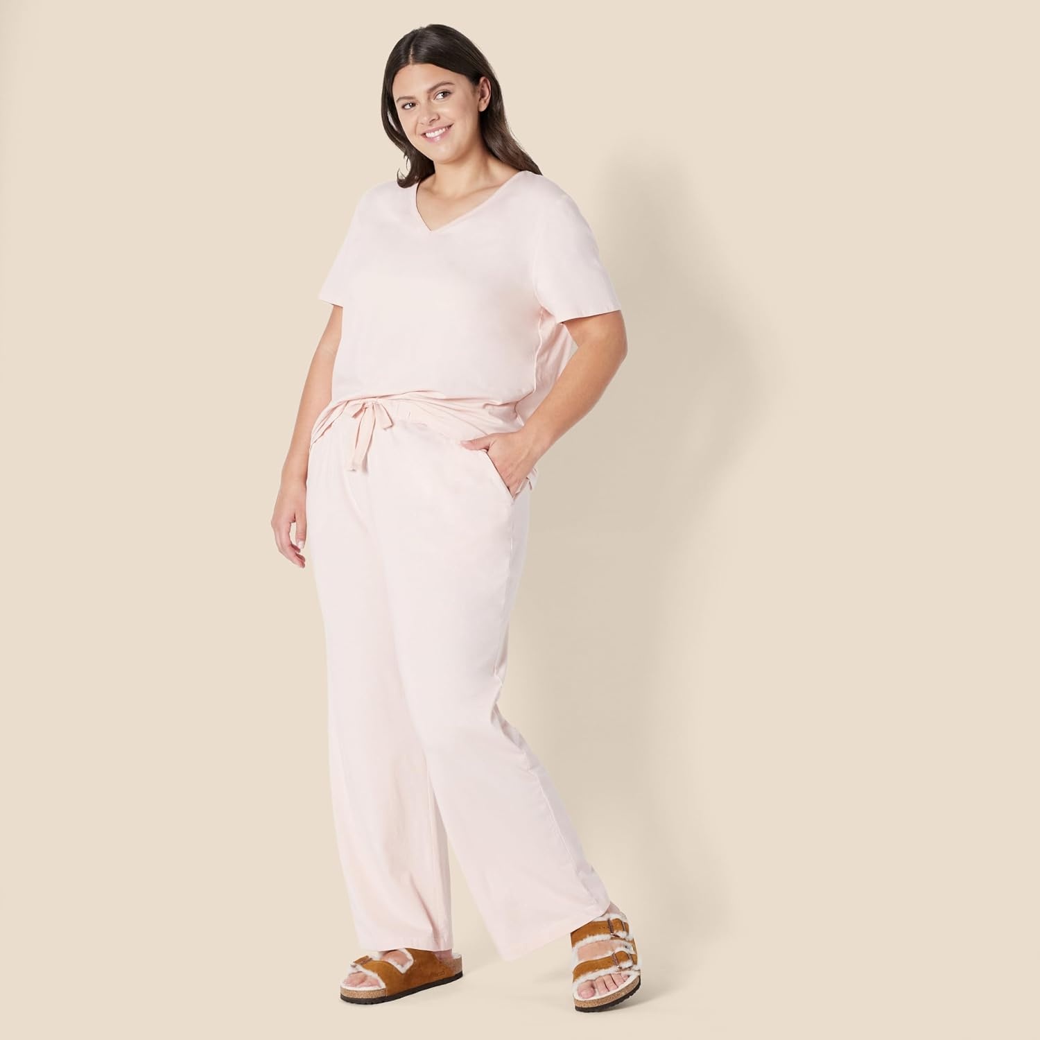 image:imageAmazon Essentials Womens Soft Cotton Modal Short Sleeve TShirt and Pant Pajama SetLight Pink