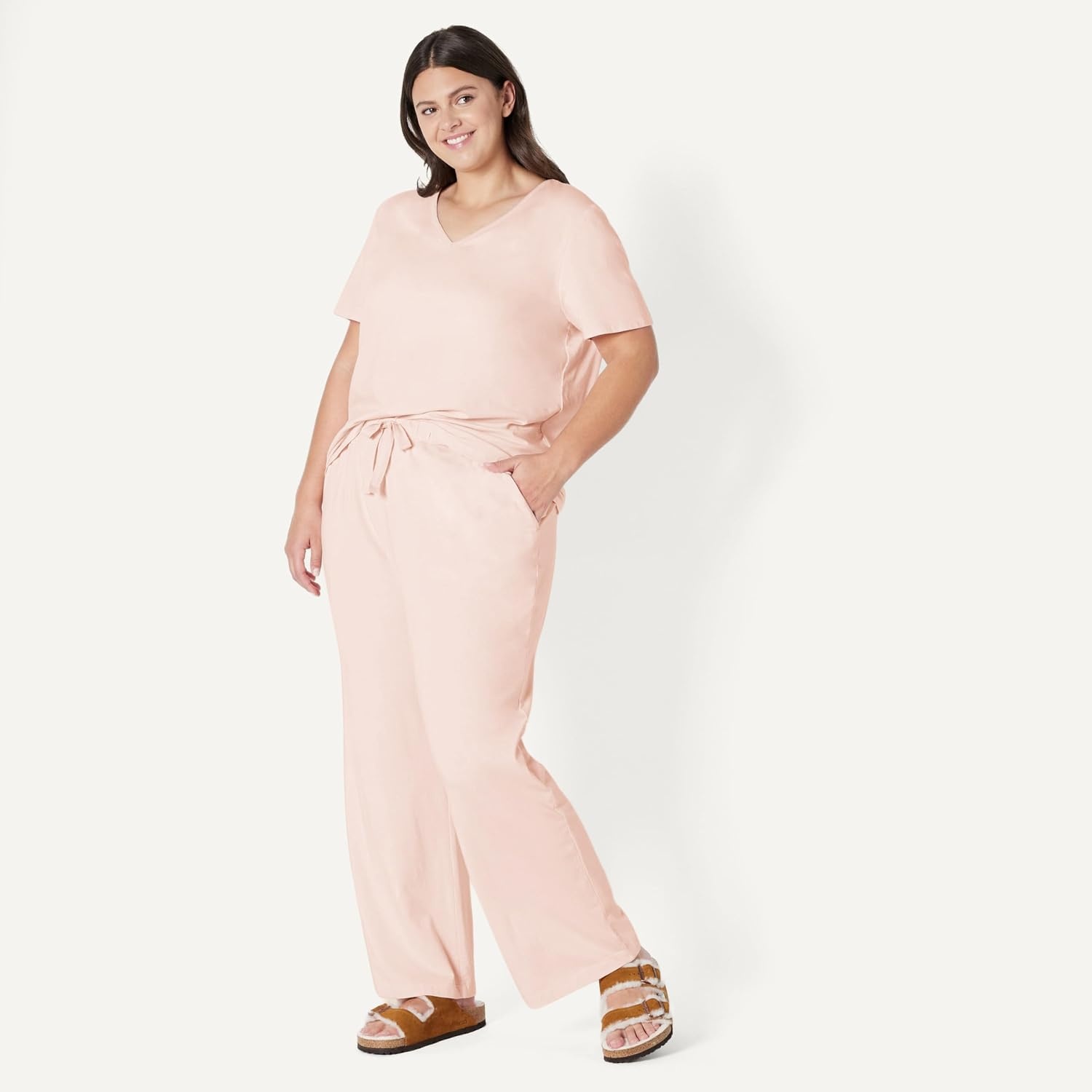 image:imageAmazon Essentials Womens Soft Cotton Modal Short Sleeve TShirt and Pant Pajama SetLight Pink