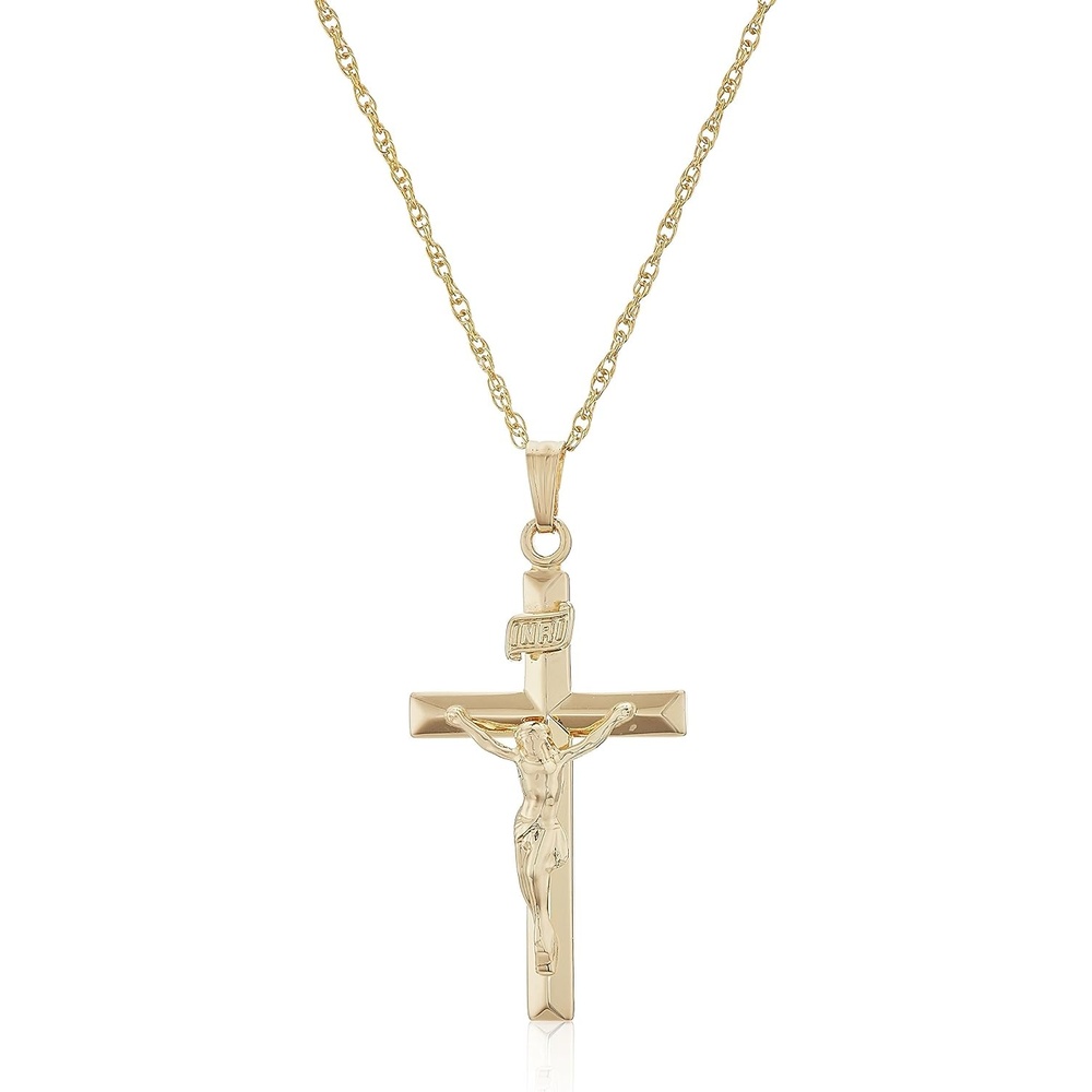 image:imageAmazon Essentials 14k Gold Filled Solid Beveled Edge Embossed Crucifix Cross Pendant Necklace with Chain 18