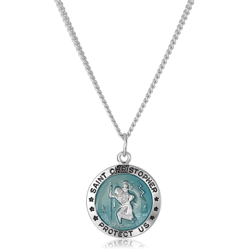 image:imageAmazon Essentials Mens Sterling Silver Round St Christopher Pendant with Blue Background and Rhodium Plated Stainless Steel Chain 20