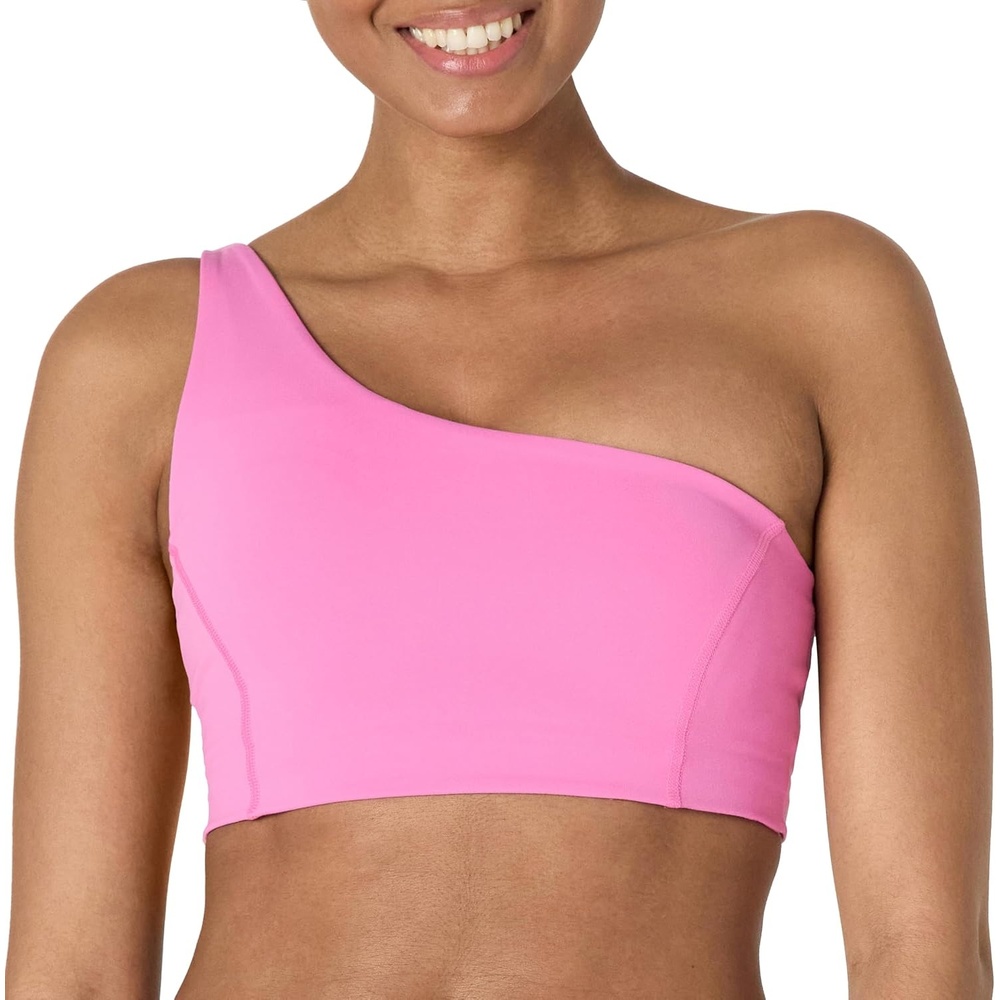image:imageAmazon Essentials Womens Active FormFlex Buttery Soft Light Support One Shoulder Strappy Back Sports BraPink