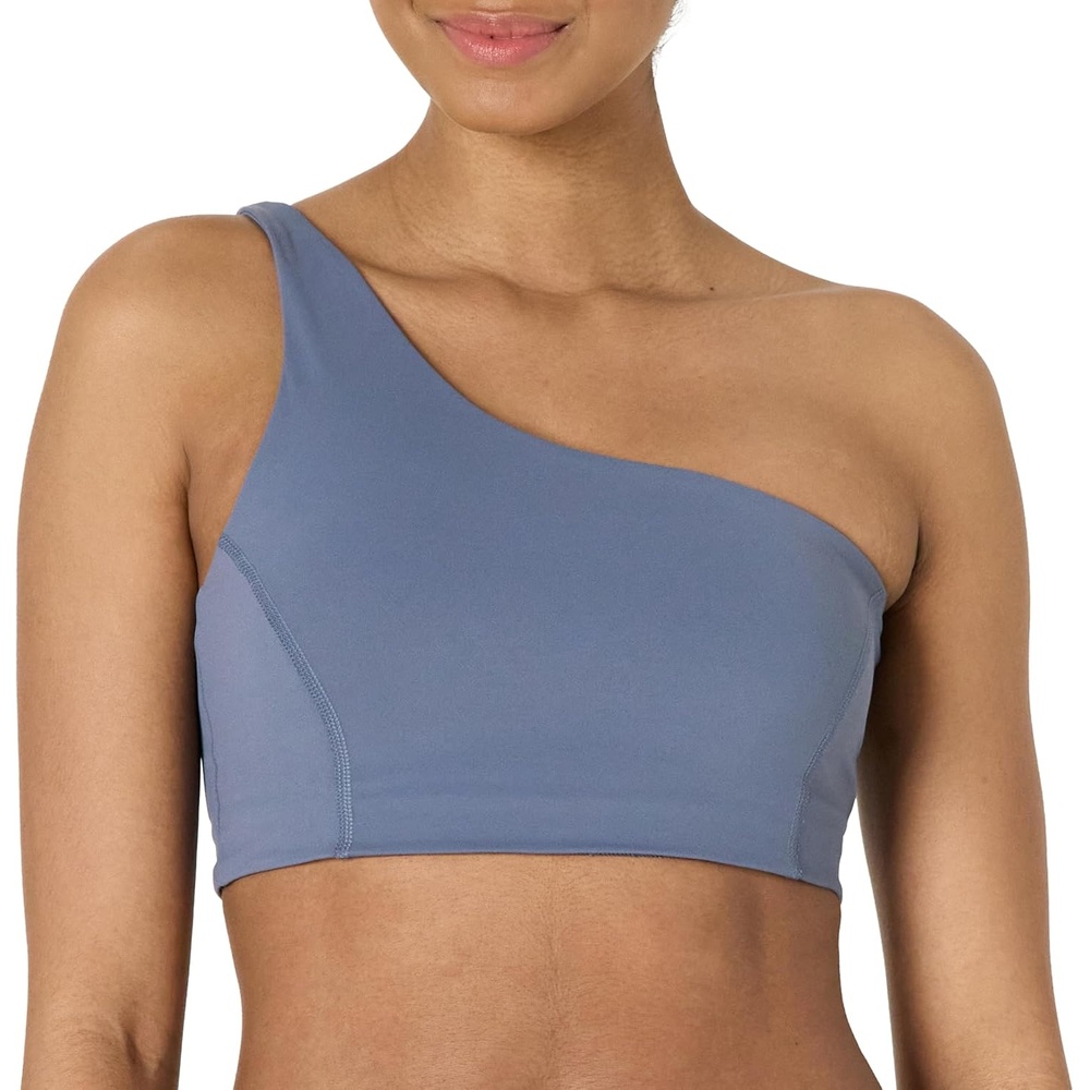 image:imageAmazon Essentials Womens Active FormFlex Buttery Soft Light Support One Shoulder Strappy Back Sports BraSlate Grey