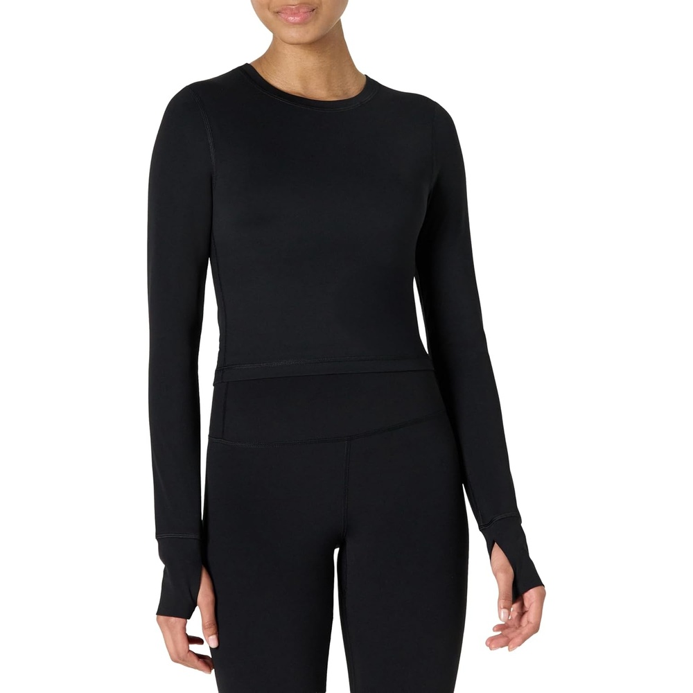 image:imageAmazon Essentials Womens Active FormFlex Buttery Soft Slim Fit Crop Layering Workout Top MoistureWickingBlack