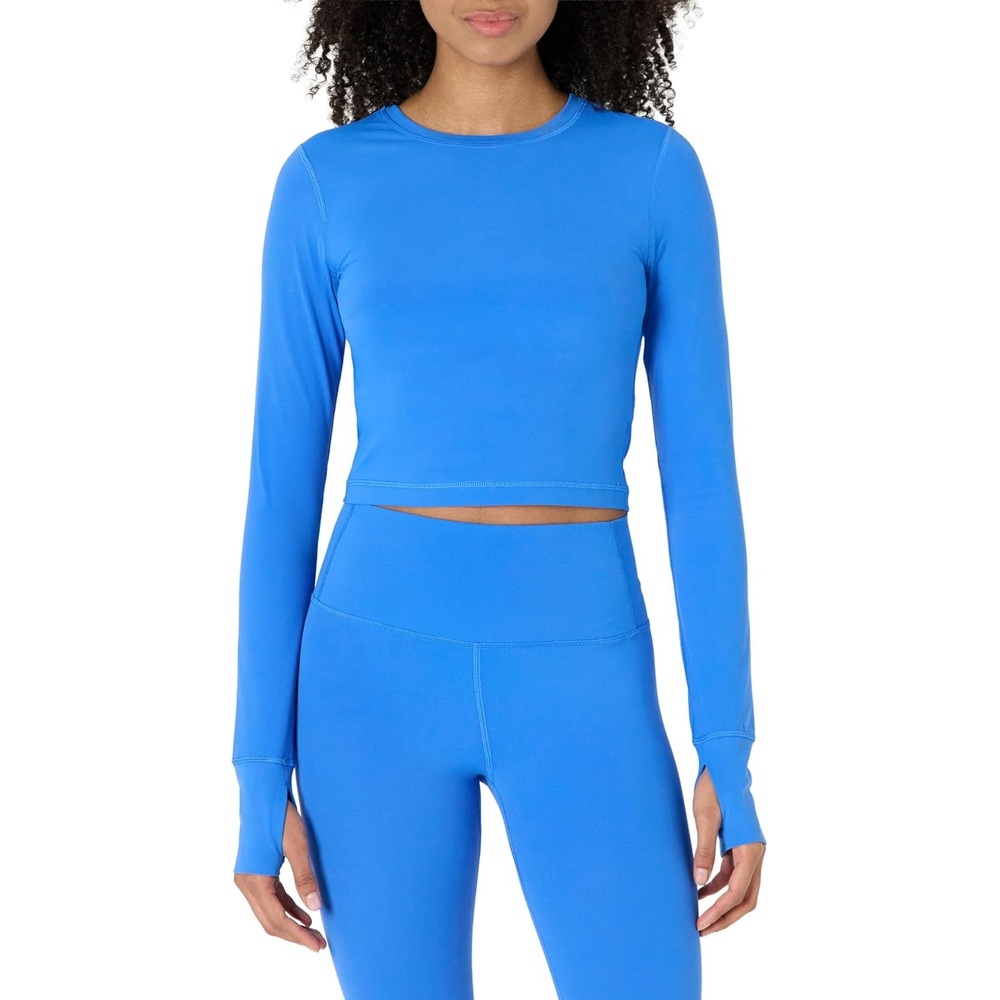 image:imageAmazon Essentials Womens Active FormFlex Buttery Soft Slim Fit Crop Layering Workout Top MoistureWickingBlue