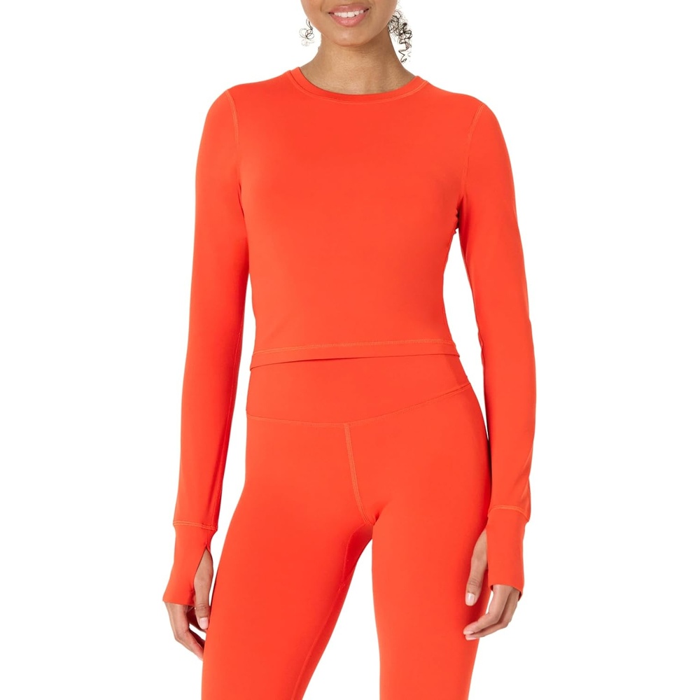 image:imageAmazon Essentials Womens Active FormFlex Buttery Soft Slim Fit Crop Layering Workout Top MoistureWickingBright Red