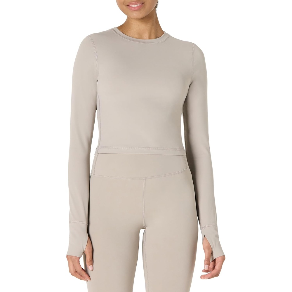 image:imageAmazon Essentials Womens Active FormFlex Buttery Soft Slim Fit Crop Layering Workout Top MoistureWickingTaupe