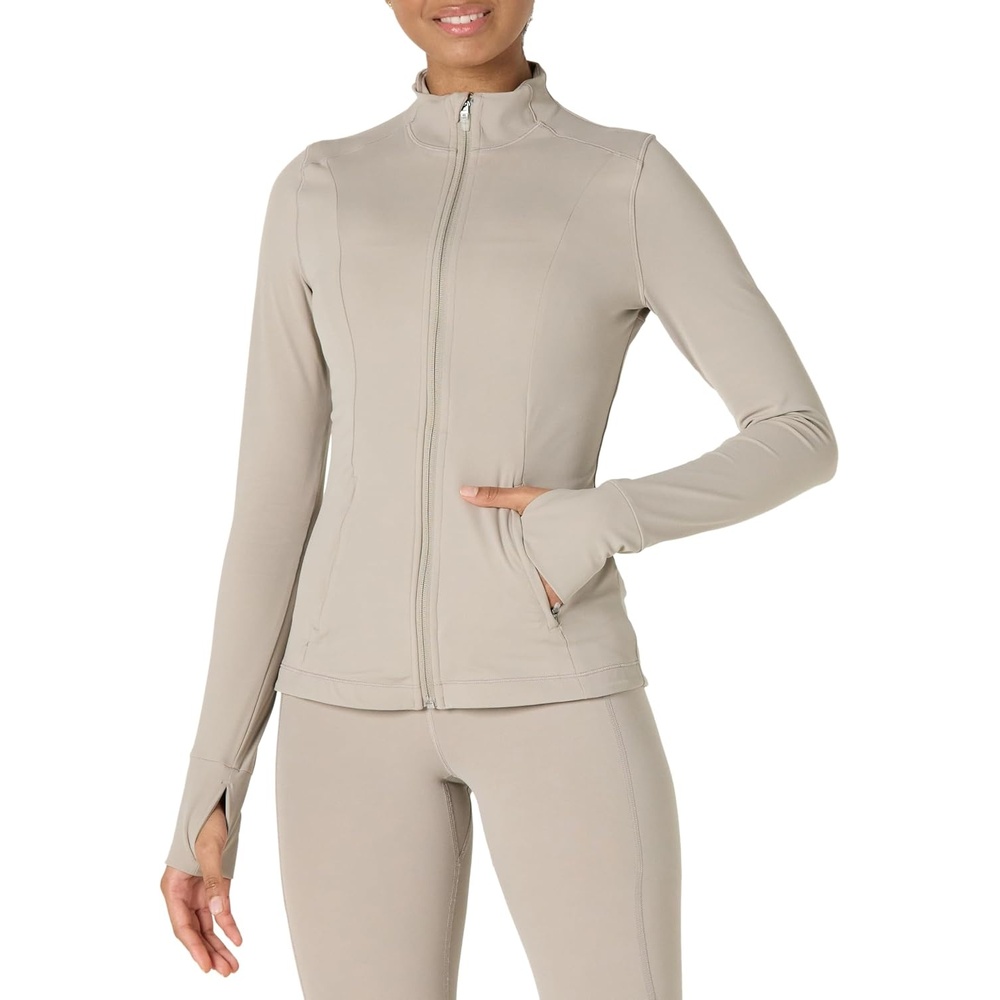 image:imageAmazon Essentials Womens Active FormFlex Buttery Soft Slim Fit Quarter Zip Long Sleeve Pullover Jacket Moisture WickingTaupe