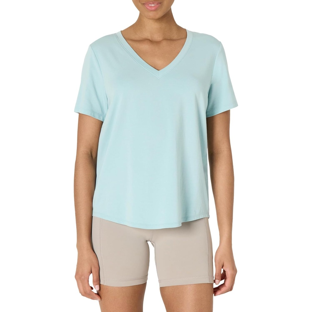 image:imageAmazon Essentials Womens Active Soft Cotton Modal VNeck Short Sleeve Lightweight Yoga Workout TShirt with Curved HemLight Blue