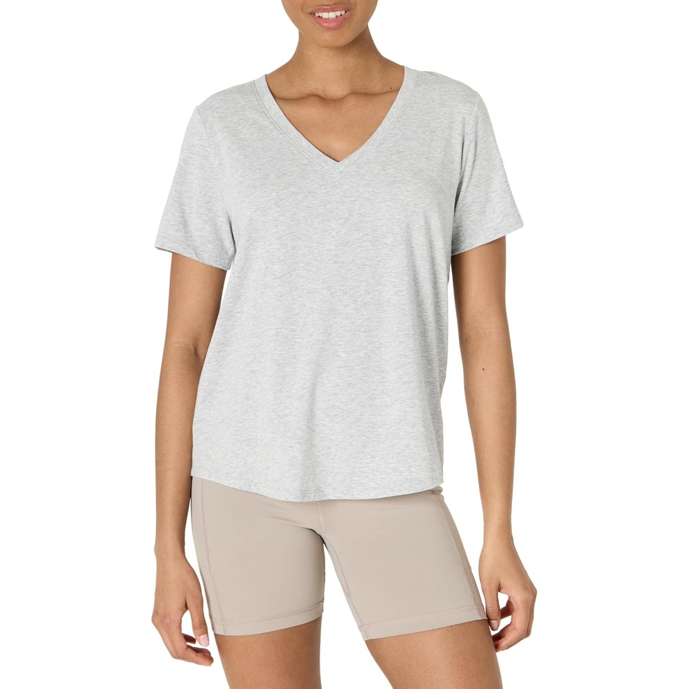 image:imageAmazon Essentials Womens Active Soft Cotton Modal VNeck Short Sleeve Lightweight Yoga Workout TShirt with Curved HemLight Grey Heather