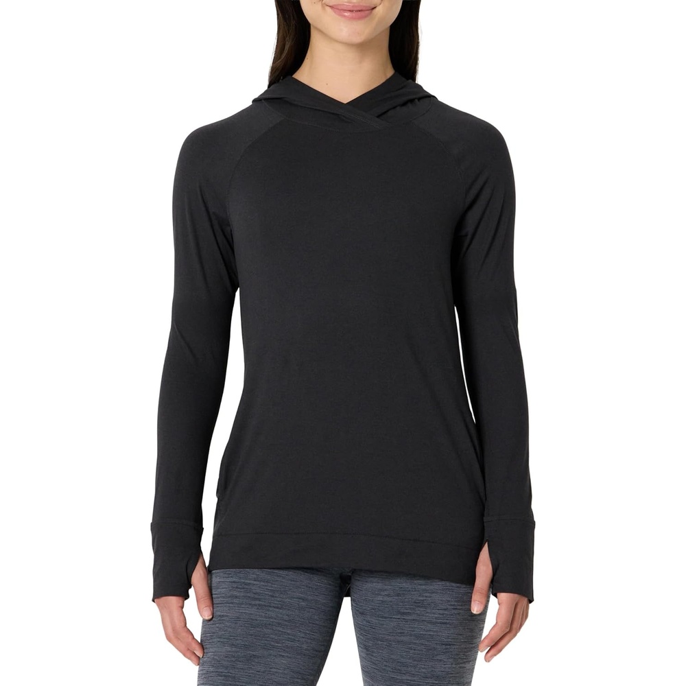 image:imageAmazon Essentials Womens Athletic Soft Performance Lightweight Long Sleeve Pullover Hoodie Workout TopSpace Dye Black