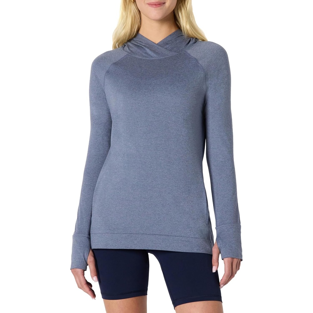 image:imageAmazon Essentials Womens Athletic Soft Performance Lightweight Long Sleeve Pullover Hoodie Workout TopSpace Dye Slate