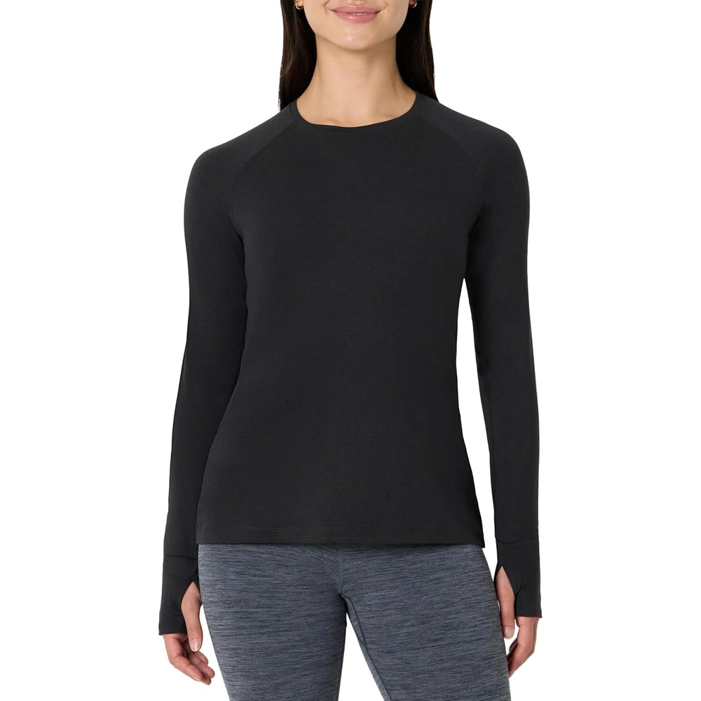 image:imageAmazon Essentials Womens Athletic Soft Performance Lightweight Stretch Long Sleeve Layering Workout Top with ThumbholesSpace Dye Black