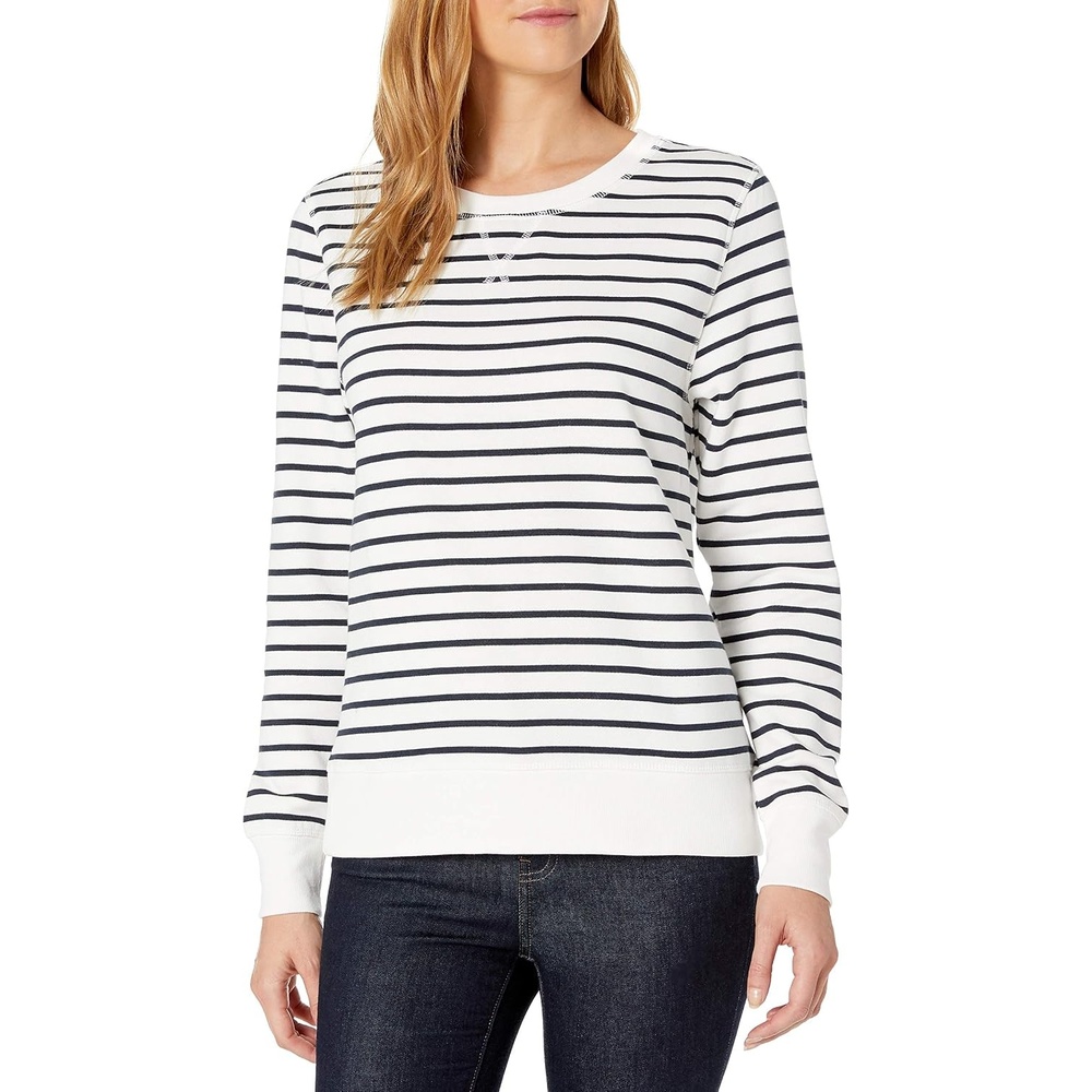 image:imageAmazon Essentials Womens Fleece Crewneck Long Sleeve Pullover Sweatshirt Available in Plus SizeNavy White Horizontal Stripe