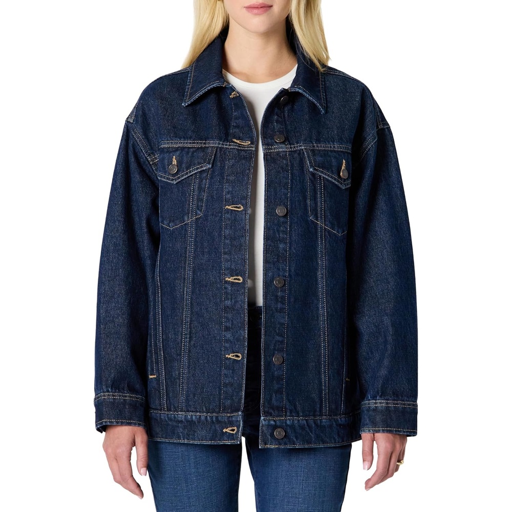 image:imageAmazon Essentials Womens OversizedFit Rigid Denim Trucker JacketDark Midnight Wash