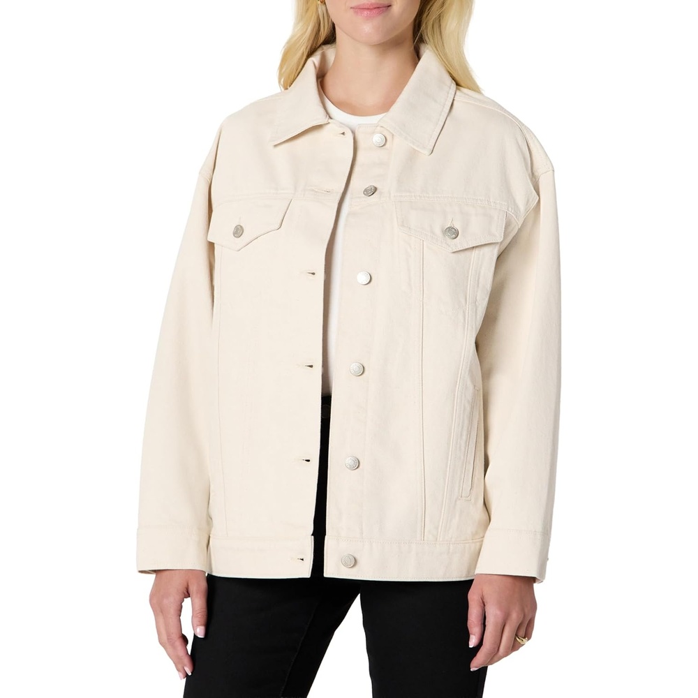 image:imageAmazon Essentials Womens OversizedFit Rigid Denim Trucker JacketEcru