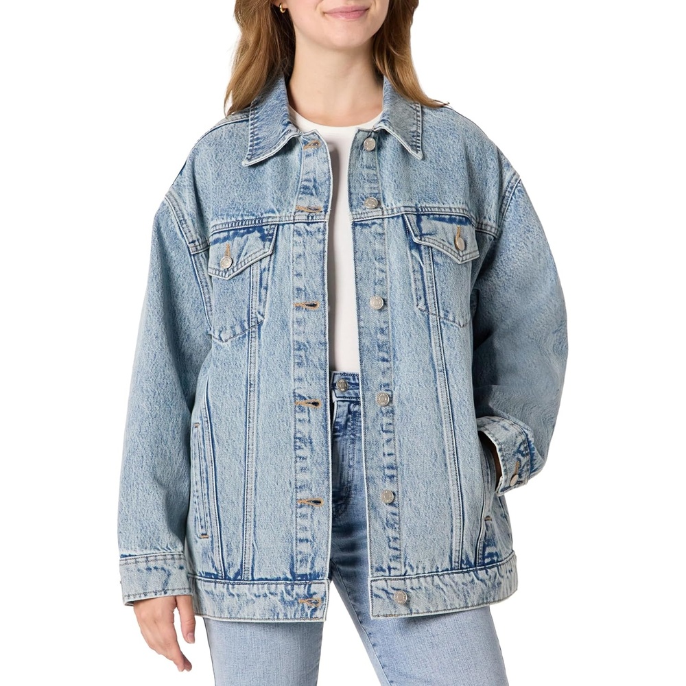 image:imageAmazon Essentials Womens OversizedFit Rigid Denim Trucker JacketIced Light Wash