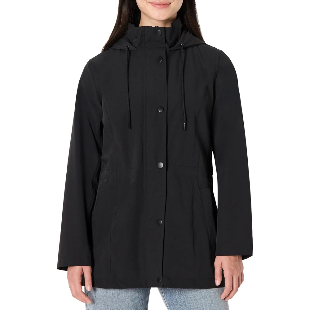 image:imageAmazon Essentials Womens RegularFit Lightweight Waterproof Long Hooded Rain JacketBlack