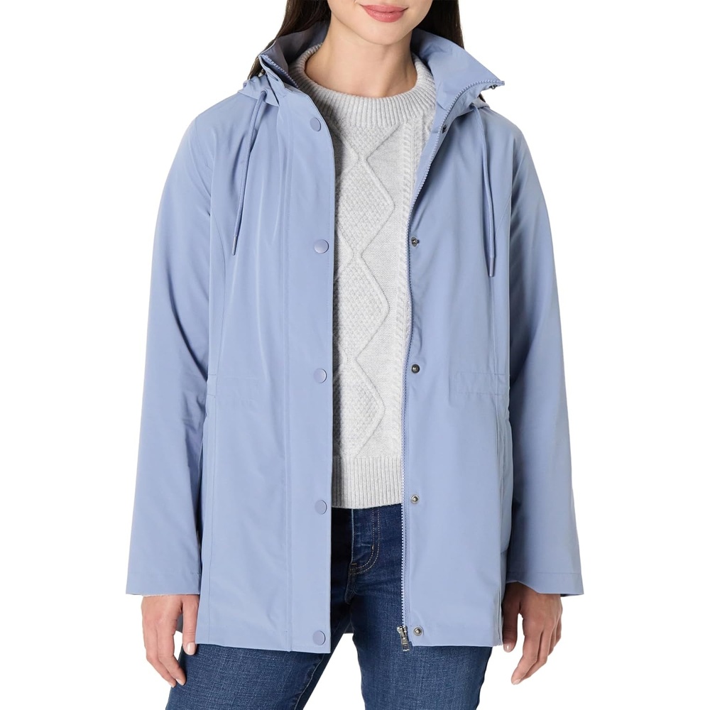 image:imageAmazon Essentials Womens RegularFit Lightweight Waterproof Long Hooded Rain JacketDusty Blue