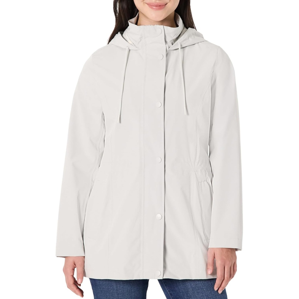 image:imageAmazon Essentials Womens RegularFit Lightweight Waterproof Long Hooded Rain JacketEggshell White