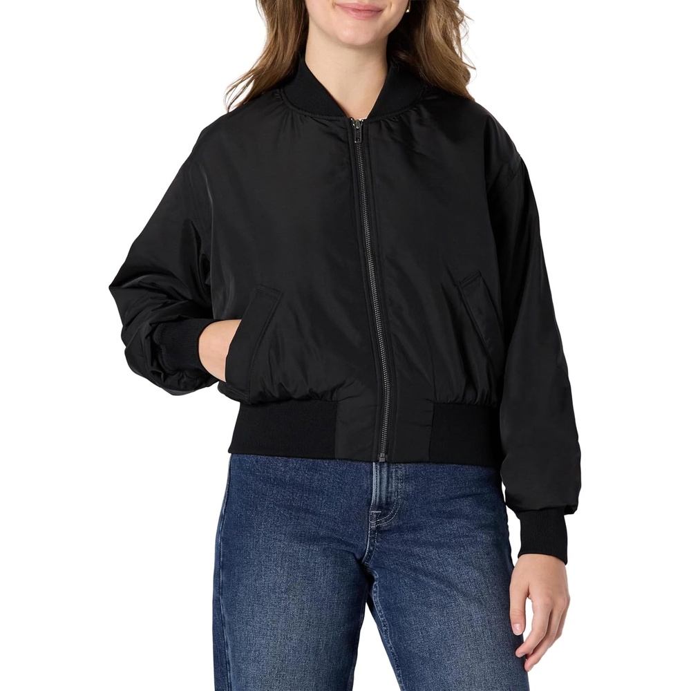 image:imageAmazon Essentials Womens RelaxedFit Denim Bomber JacketBlack