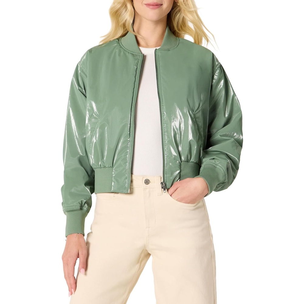 image:imageAmazon Essentials Womens RelaxedFit Denim Bomber JacketDark Sage Green