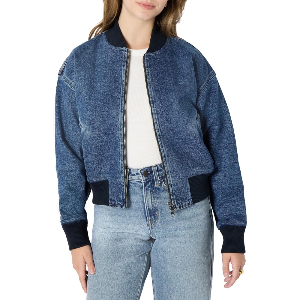 image:imageAmazon Essentials Womens RelaxedFit Denim Bomber JacketMedium Blue Vintage