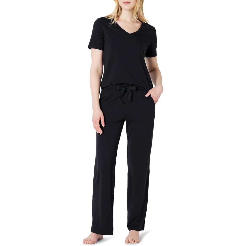 image:imageAmazon Essentials Womens Soft Cotton Modal Short Sleeve TShirt and Pant Pajama SetBlack
