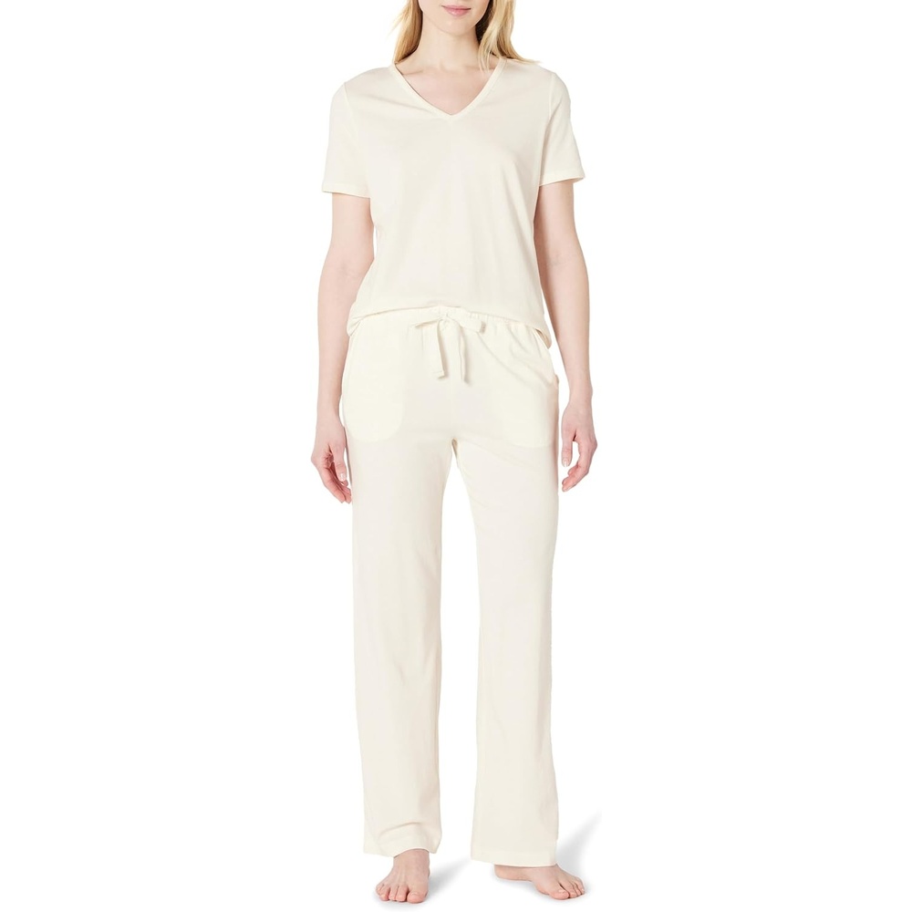 image:imageAmazon Essentials Womens Soft Cotton Modal Short Sleeve TShirt and Pant Pajama SetIvory