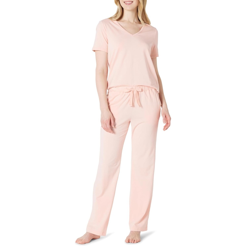 image:imageAmazon Essentials Womens Soft Cotton Modal Short Sleeve TShirt and Pant Pajama SetLight Pink