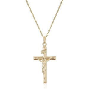 Amazon Essentials 14k Gold Filled Solid Beveled Edge Embossed Crucifix Cross Pendant Necklace with Chain, 18″