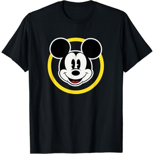 Amazon Essentials Disneyland Shirts, Disney Smiling Mickey T-Shirt, Classic Comfort Fit, Yellow Circle Design, Men’s, Black, Small(Black)
