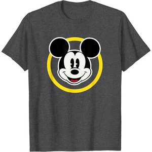 Amazon Essentials Disneyland Shirts, Disney Smiling Mickey T-Shirt, Classic Comfort Fit, Yellow Circle Design, Men’s, Black, Small(Dark Heather Grey)