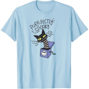 Amazon Essentials Men’s Nightmare Before Christmas Purr-fectly Spooky Cat in the Box T-Shirt, White Graphic Print, Small(Baby Blue)