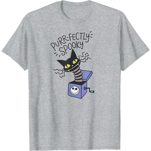 Amazon Essentials Men’s Nightmare Before Christmas Purr-fectly Spooky Cat in the Box T-Shirt, White Graphic Print, Small(Heather Grey)
