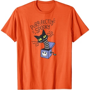 Amazon Essentials Men’s Nightmare Before Christmas Purr-fectly Spooky Cat in the Box T-Shirt, White Graphic Print, Small(Orange)