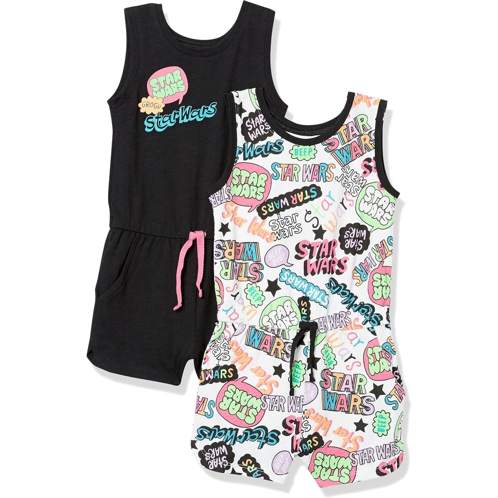 image:imageAmazon Essentials Disney Marvel Star Wars Frozen Princess Girls and Toddlers Knit Sleeveless Cotton Jersey Rompers Pack of 2