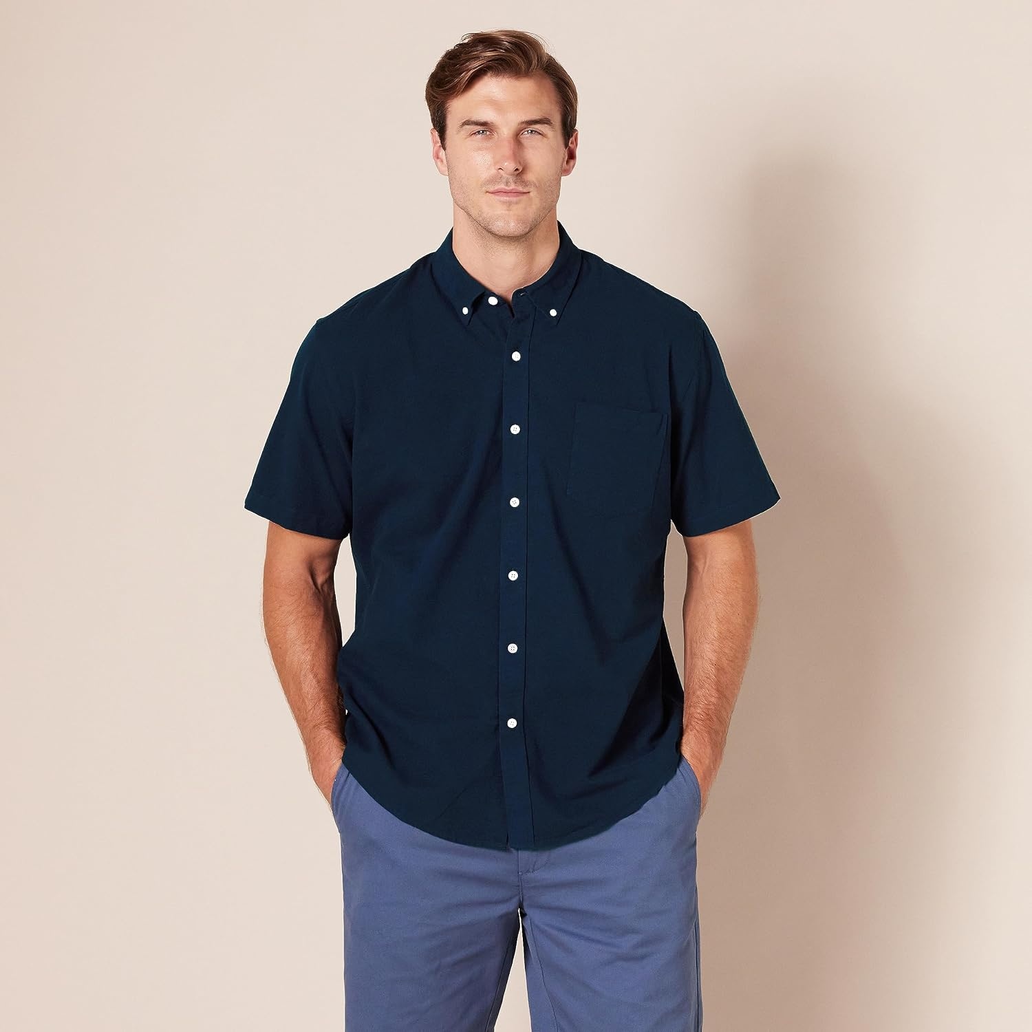 image:imageAmazon Essentials Mens ShortSleeve Oxford Shirt with Pocket Navy XLarge