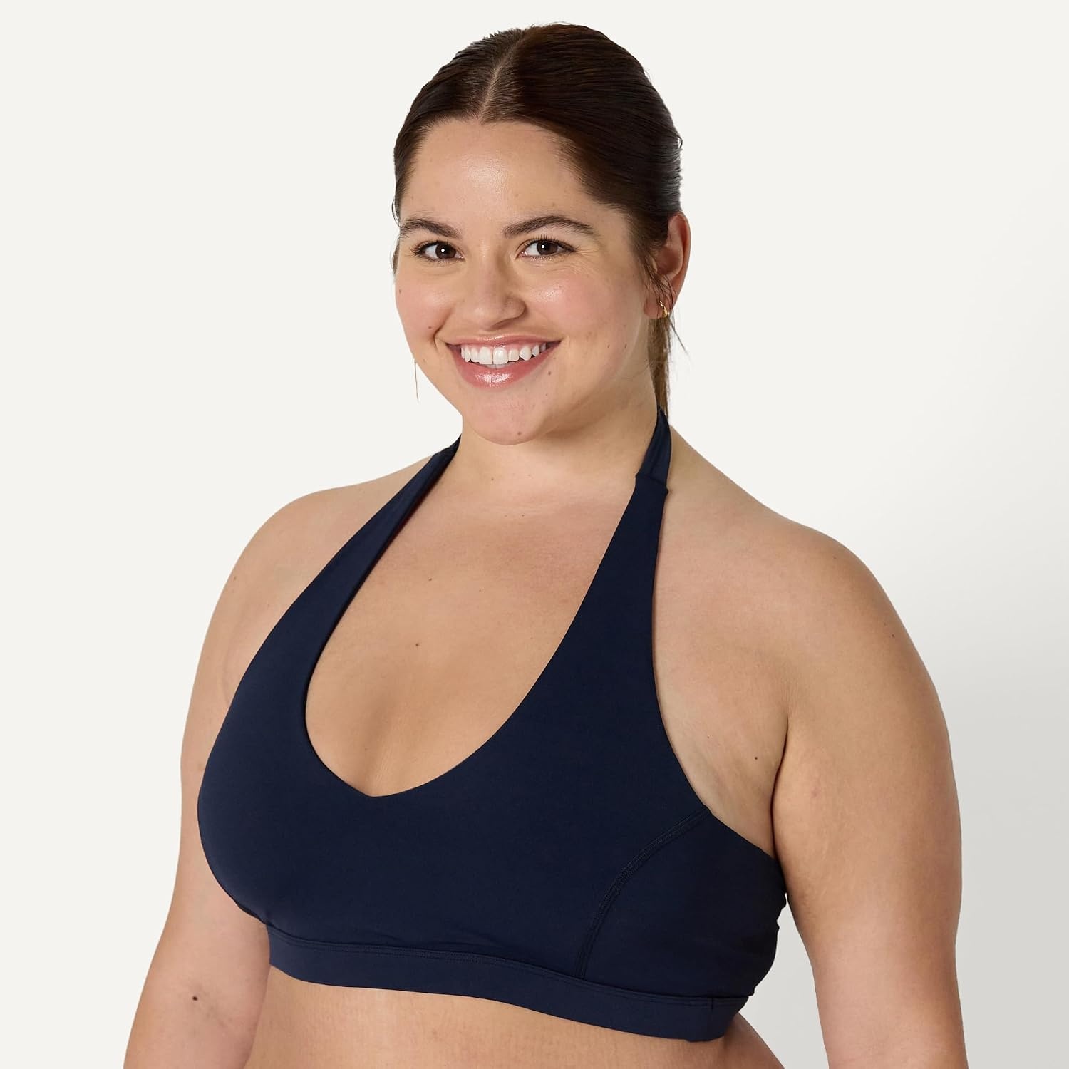 image:imageAmazon Essentials Womens Active FormFlex Buttery Soft Light Support Halter VNeck Sports BraNavy