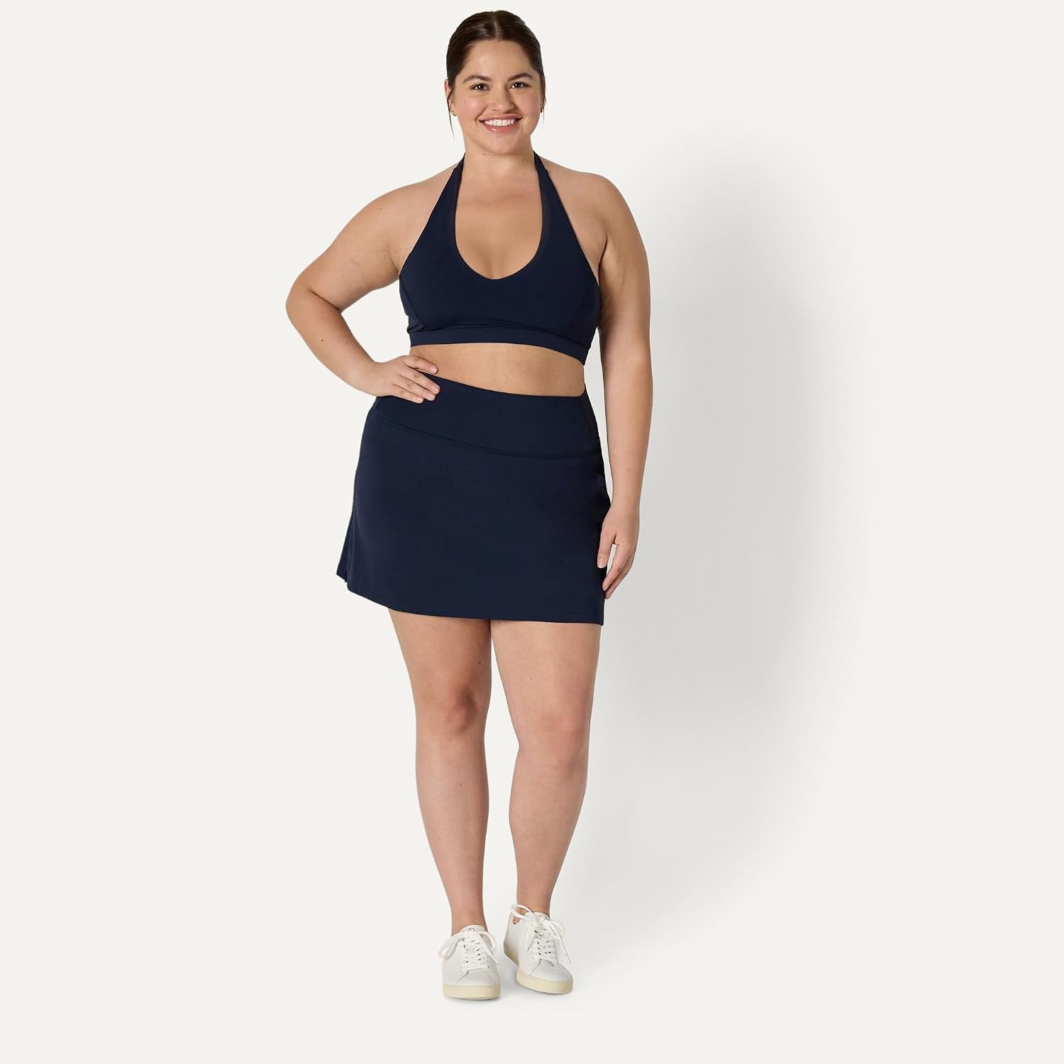 image:imageAmazon Essentials Womens Active FormFlex Buttery Soft Light Support Halter VNeck Sports BraNavy