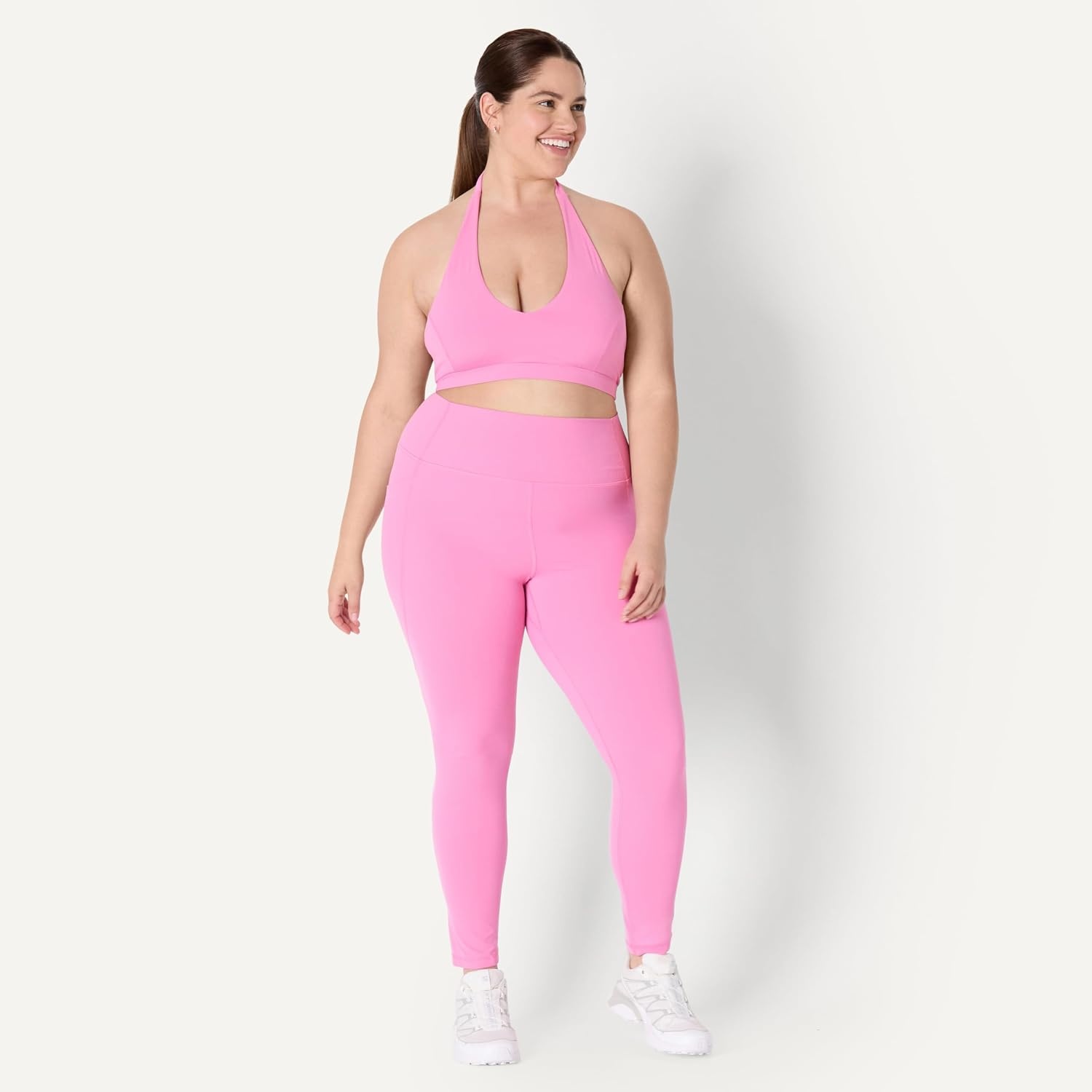 image:imageAmazon Essentials Womens Active FormFlex Buttery Soft Light Support Halter VNeck Sports BraPink