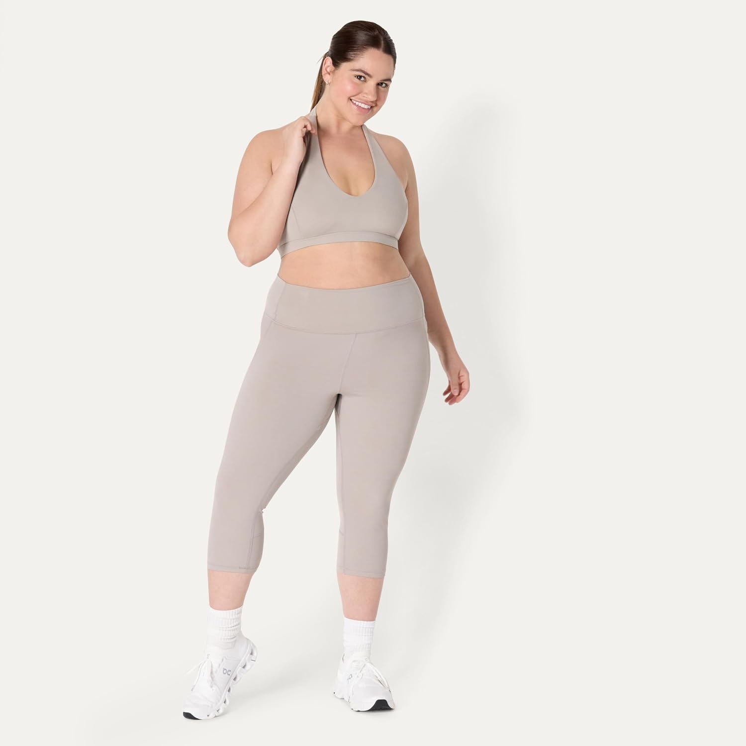 image:imageAmazon Essentials Womens Active FormFlex Buttery Soft Light Support Halter VNeck Sports BraTaupe