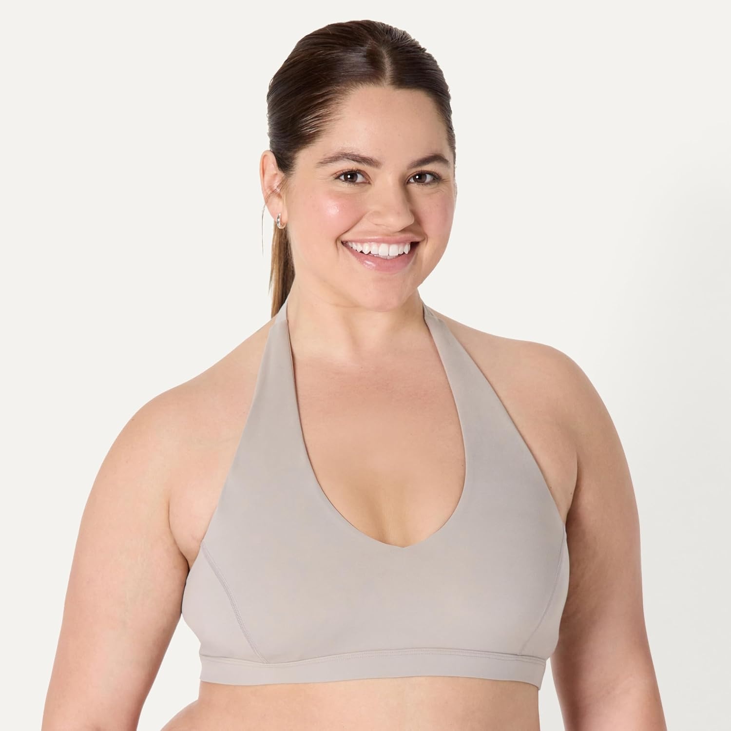 image:imageAmazon Essentials Womens Active FormFlex Buttery Soft Light Support Halter VNeck Sports BraTaupe