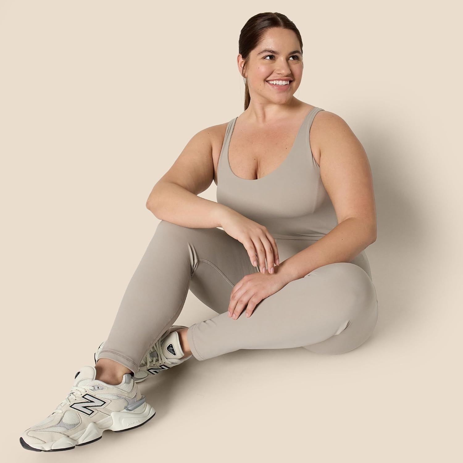 image:imageAmazon Essentials Womens Active Formflex Buttery Soft One Piece Full Length Workout Jumpsuit with BuiltIn BraTaupe